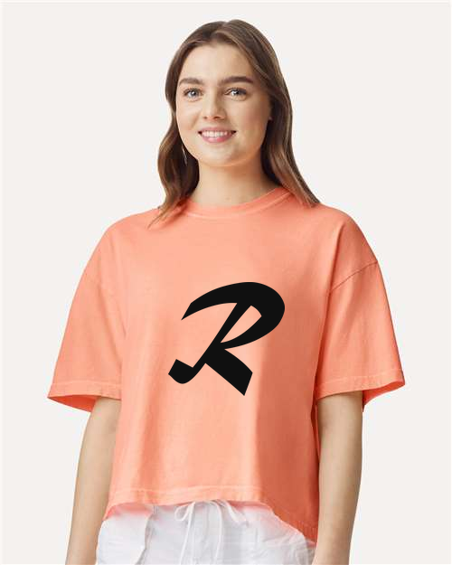 Alphabet R T-Shirt 9 inch calligraphy Black ink, Neon Cantaloupe