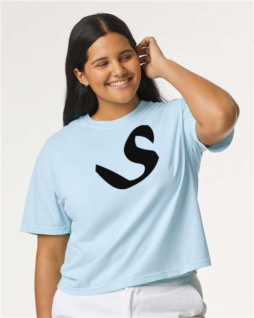 Alphabet S T-Shirt 9 inch calligraphy Black ink, Chambray