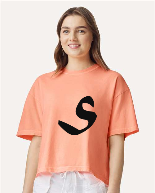 Alphabet S T-Shirt 9 inch calligraphy Black ink, Neon Cantaloupe