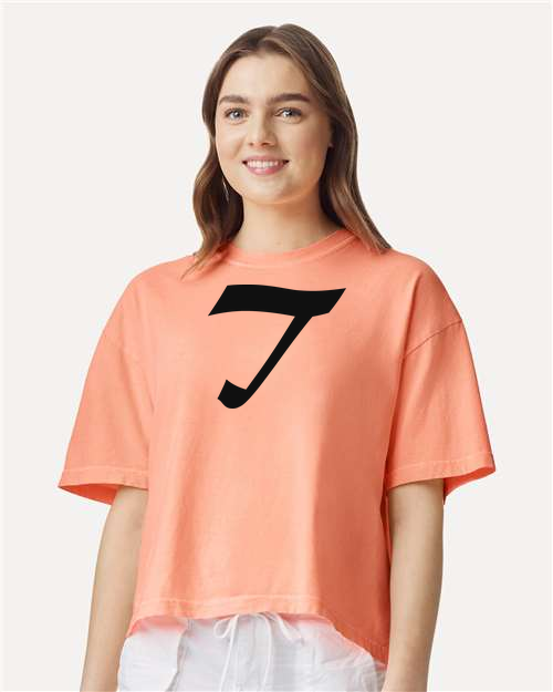Alphabet T T-Shirt 9 inch calligraphy Black ink, Neon Cantaloupe