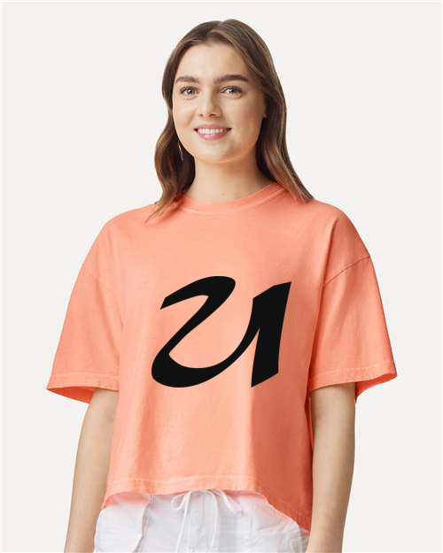 Alphabet U T-Shirt 9 inch calligraphy Black ink, Neon Cantaloupe