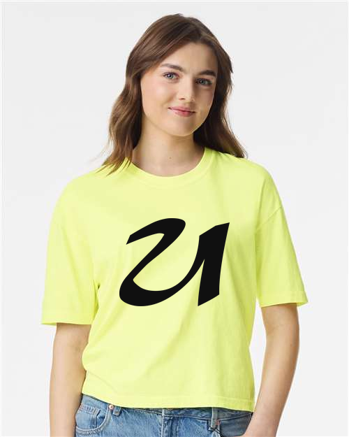 Alphabet U T-Shirt 9 inch calligraphy Black ink, Neon Lemon