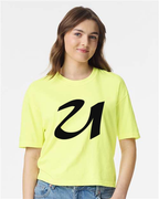 Alphabet U T-Shirt 9 inch calligraphy Black ink, Neon Lemon