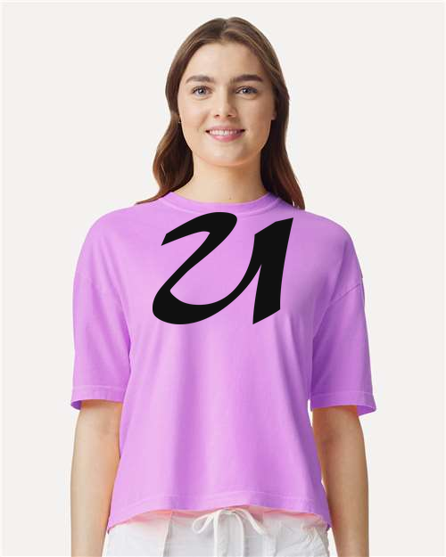 Alphabet U T-Shirt 9 inch calligraphy Black ink, Neon Violet