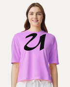 Alphabet U T-Shirt 9 inch calligraphy Black ink, Neon Violet