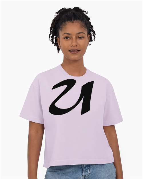 Alphabet U T-Shirt 9 inch calligraphy Black ink, Orchid