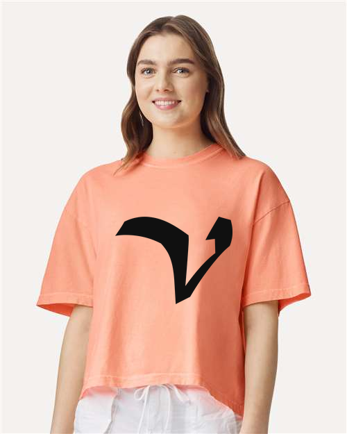 Alphabet V T-Shirt 9 inch calligraphy Black ink, Neon Cantaloupe
