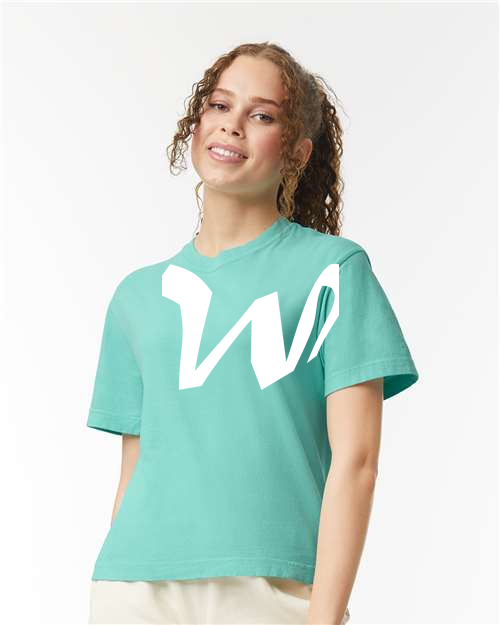 Alphabet W T-Shirt 9 inch calligraphy White ink, Chalky Mint