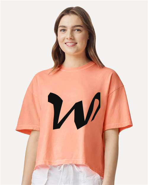 Alphabet W T-Shirt 9 inch calligraphy Black ink, Neon Cantaloupe