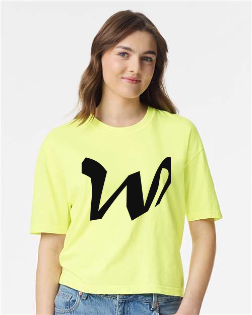 Alphabet W T-Shirt 9 inch calligraphy Black ink, Neon Lemon