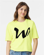 Alphabet W T-Shirt 9 inch calligraphy Black ink, Neon Lemon