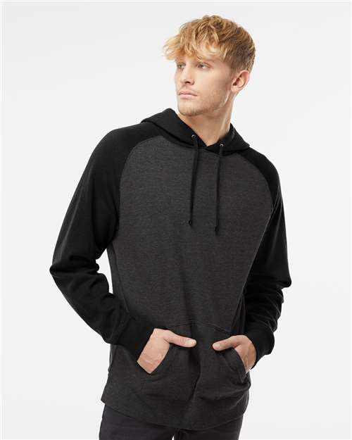 Independent Trading Co. IND40RP, Unisex Raglan Hooded Sweatshirt, Charcoal Heather/ Black