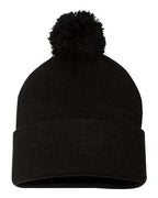 Sportsman SP15, 12" Pom-pom Cuffed Beanie, Black