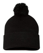 Sportsman SP15, 3015 12" Pom-pom Cuffed Beanie, Black