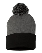 Sportsman SP15, 3015 12" Pom-pom Cuffed Beanie, Dark Heather Grey/ Black