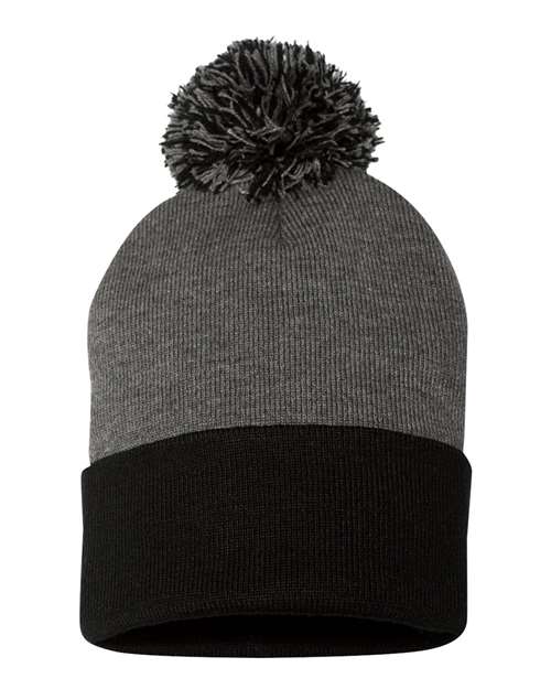 Sportsman SP15, 12" Pom-pom Cuffed Beanie, Dark Heather Grey/ Black
