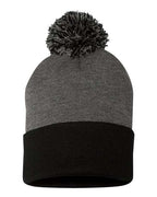 Sportsman SP15, 12" Pom-pom Cuffed Beanie, Dark Heather Grey/ Black