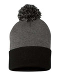 Sportsman SP15, 12" Pom-pom Cuffed Beanie, Dark Heather Grey/ Black