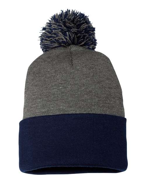Sportsman SP15, 12" Pom-pom Cuffed Beanie, Dark Heather Grey/ Navy