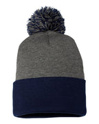 Sportsman SP15, 3015 12" Pom-pom Cuffed Beanie, Dark Heather Grey/ Navy