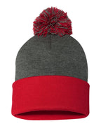 Sportsman SP15, 3015 12" Pom-pom Cuffed Beanie, Dark Heather Grey/ Red