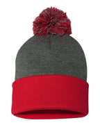 Sportsman SP15, 12" Pom-pom Cuffed Beanie, Dark Heather Grey/ Red