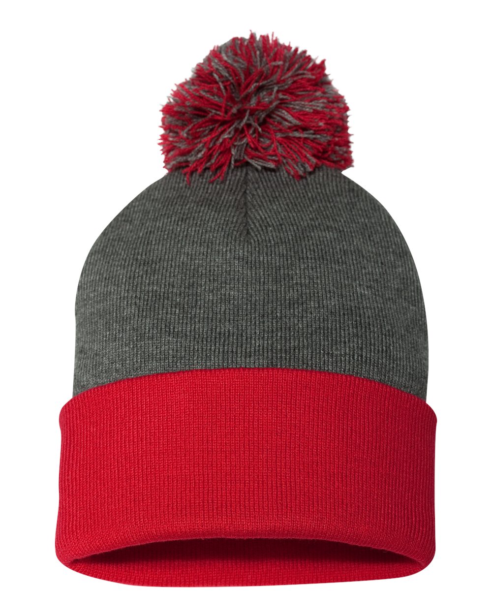 Sportsman SP15, 3015 12" Pom-pom Cuffed Beanie, Dark Heather Grey/ Red