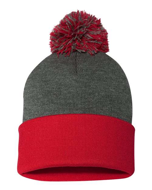 Sportsman SP15, 12" Pom-pom Cuffed Beanie, Dark Heather Grey/ Red