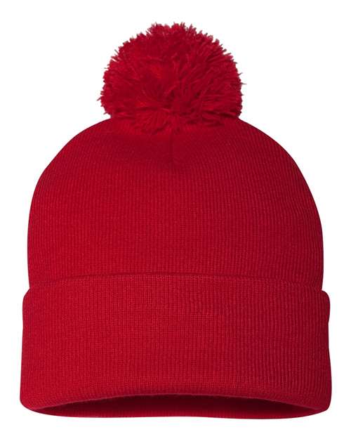 Sportsman SP15, 12" Pom-pom Cuffed Beanie, Red