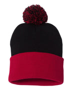 Sportsman SP15, 3015 12" Pom-pom Cuffed Beanie, Black/ Red