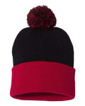 Sportsman SP15, 12" Pom-pom Cuffed Beanie, Black/ Red