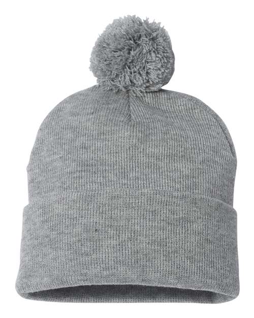 Sportsman SP15, 12" Pom-pom Cuffed Beanie, Light Heather Grey