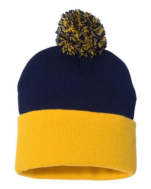 Sportsman SP15, 12" Pom-pom Cuffed Beanie, Navy/ Gold