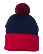 Sportsman SP15, 3015 12" Pom-pom Cuffed Beanie, Navy/ Red