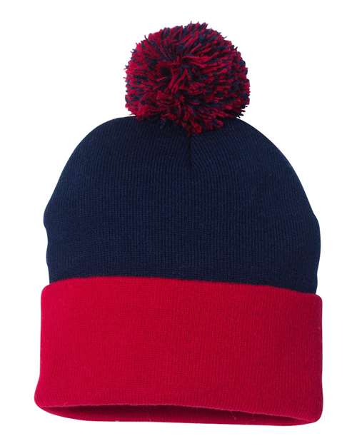 Sportsman SP15, 12" Pom-pom Cuffed Beanie, Navy/ Red