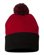 Sportsman SP15, 3015 12" Pom-pom Cuffed Beanie, Red/ Black