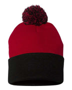Sportsman SP15, 12" Pom-pom Cuffed Beanie, Red/ Black
