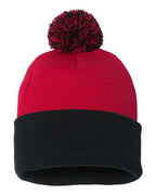 Sportsman SP15, 3015 12" Pom-pom Cuffed Beanie, Red/ Black