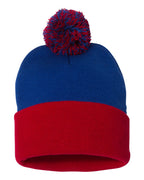 Sportsman SP15, 3015 12" Pom-pom Cuffed Beanie, Royal/ Red