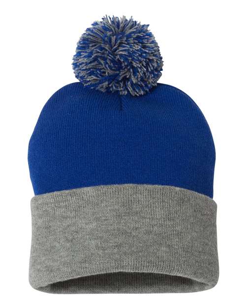 Sportsman SP15, 12" Pom-pom Cuffed Beanie, Royal/ Light Heather Grey