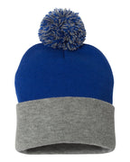 Sportsman SP15, 3015 12" Pom-pom Cuffed Beanie, Royal/ Light Heather Grey