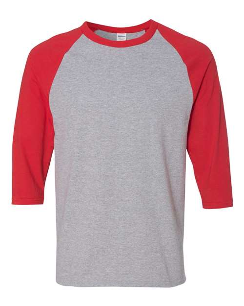 Gildan 3900, 5700 Unisex Heavy Cotton Raglan Three-quarter Sleeve T-shirt, Sport Grey/ Red