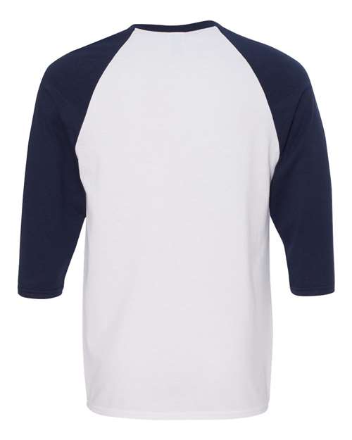 Gildan 3900, 5700 Unisex Heavy Cotton Raglan Three-quarter Sleeve T-shirt, White/ Navy