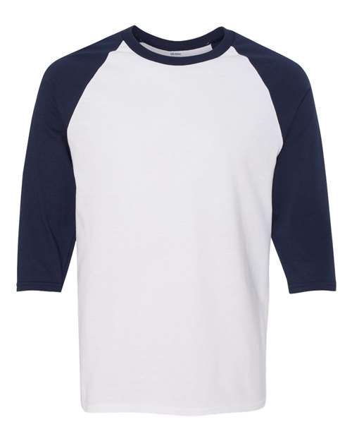 Gildan 5700, Unisex Heavy Cotton Raglan Three-quarter Sleeve T-shirt, White/ Navy