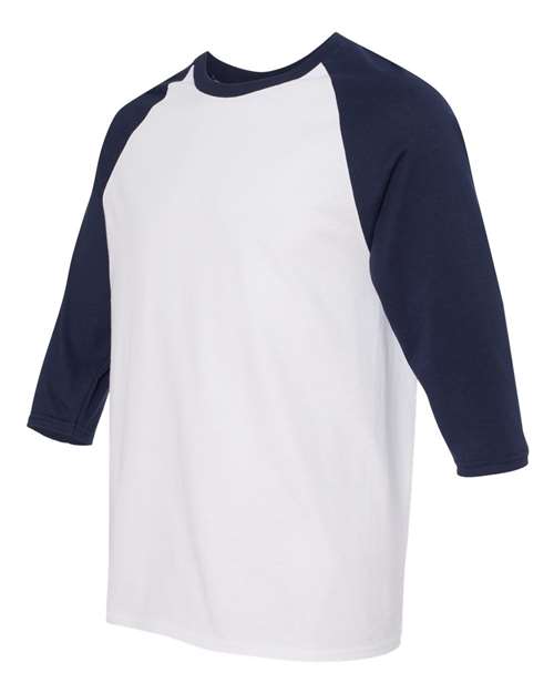 Gildan 3900, 5700 Unisex Heavy Cotton Raglan Three-quarter Sleeve T-shirt, White/ Navy