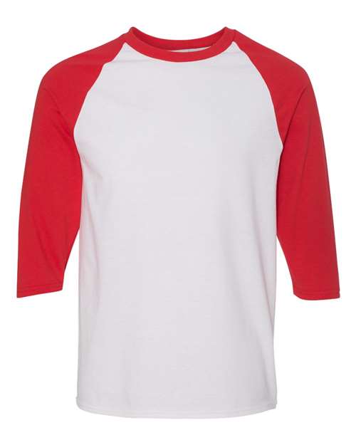 Gildan 3900, 5700 Unisex Heavy Cotton Raglan Three-quarter Sleeve T-shirt, White/ Red