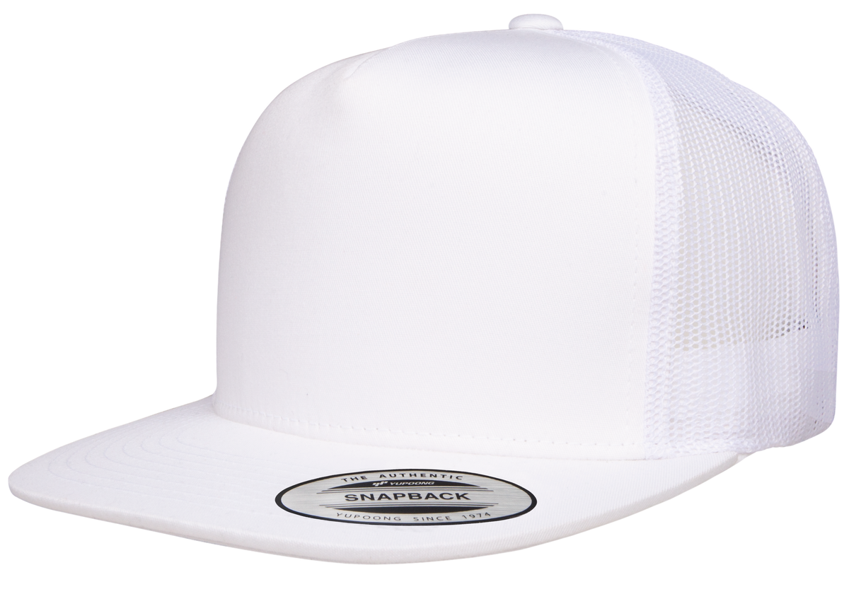 Yupoong F06006, - Yp Classics 5 Panel Flat Peak Snap Back Trucker Cap, White