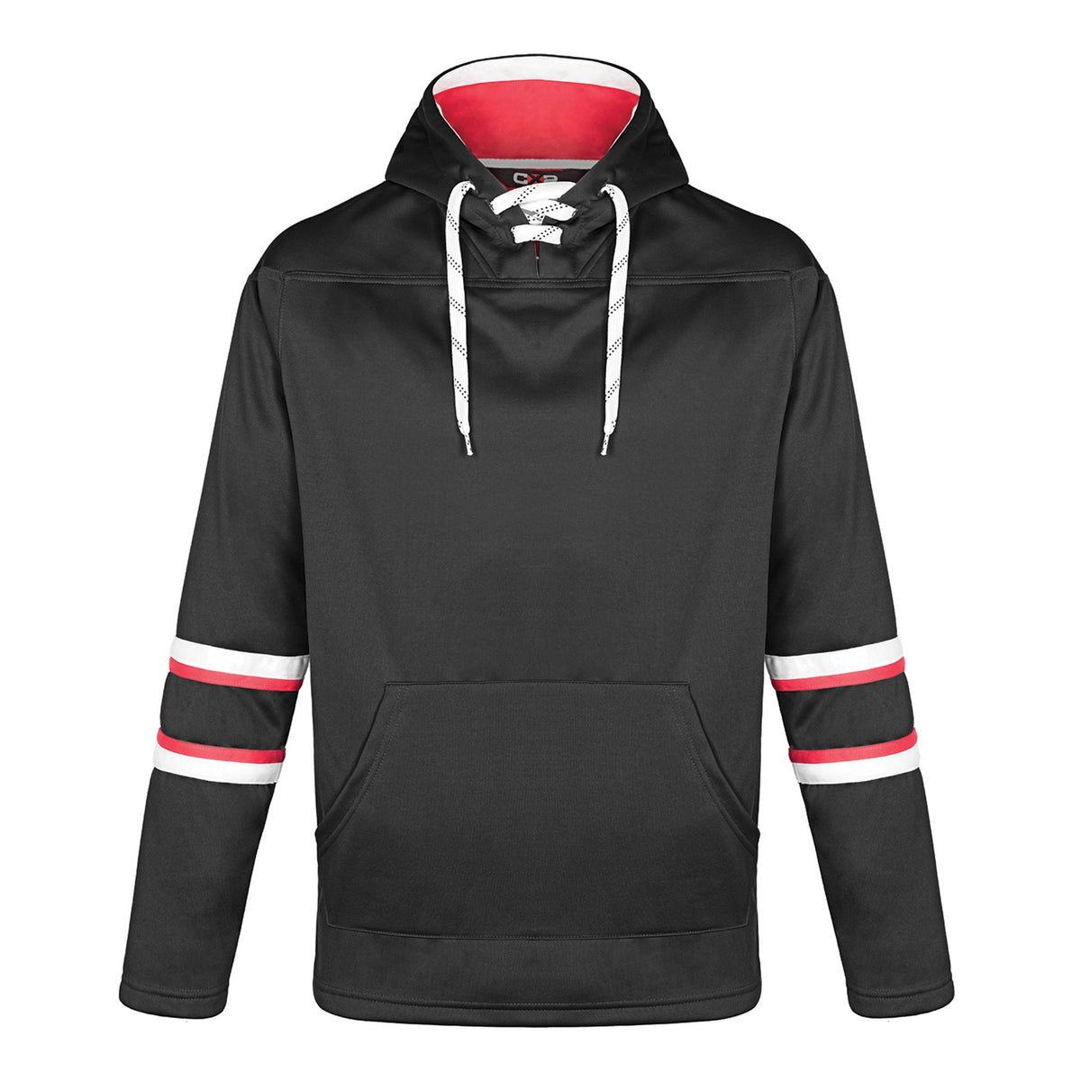 CX2 L00617, - Dangle - Adult Pullover Hockey Lace Hooded Sweatshirt, Black/Red/White