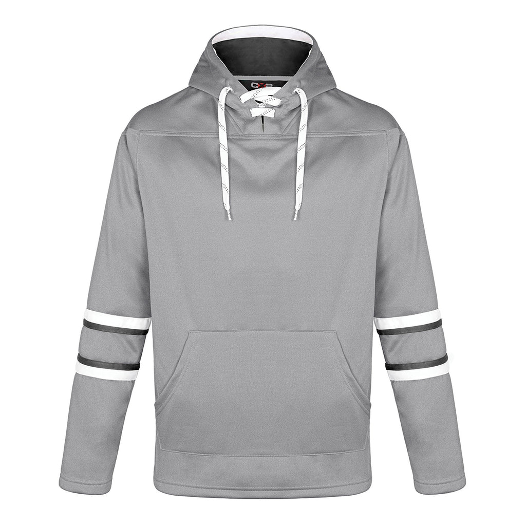 CX2 L00617, - Dangle - Adult Pullover Hockey Lace Hooded Sweatshirt, Grey/Black/White