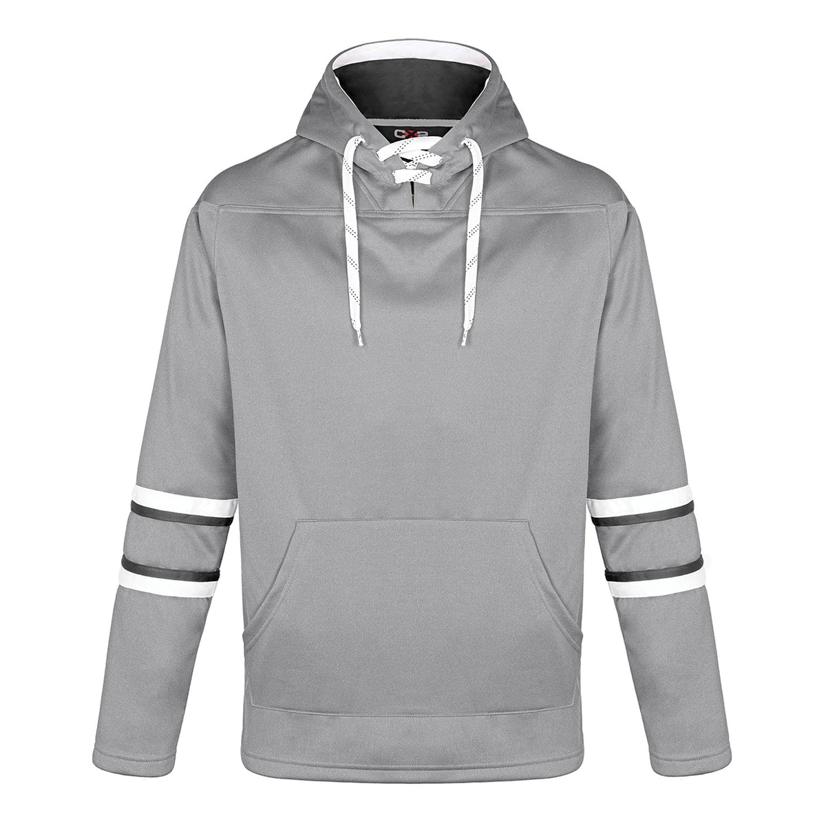 CX2 L00617, - Dangle - Adult Pullover Hockey Lace Hooded Sweatshirt, Grey/Black/White
